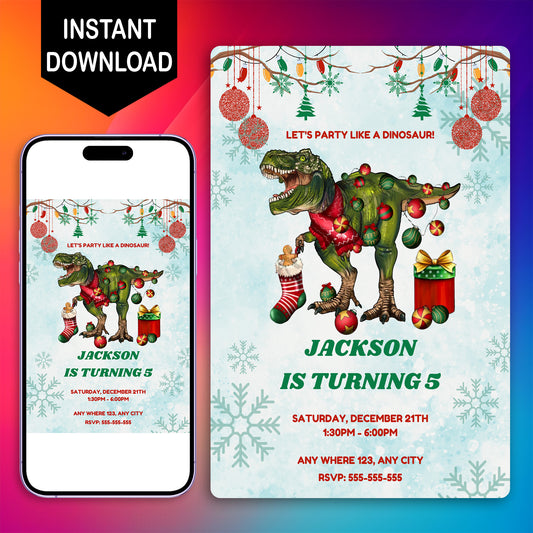 Christmas Dinosaur Birthday Invitation Template