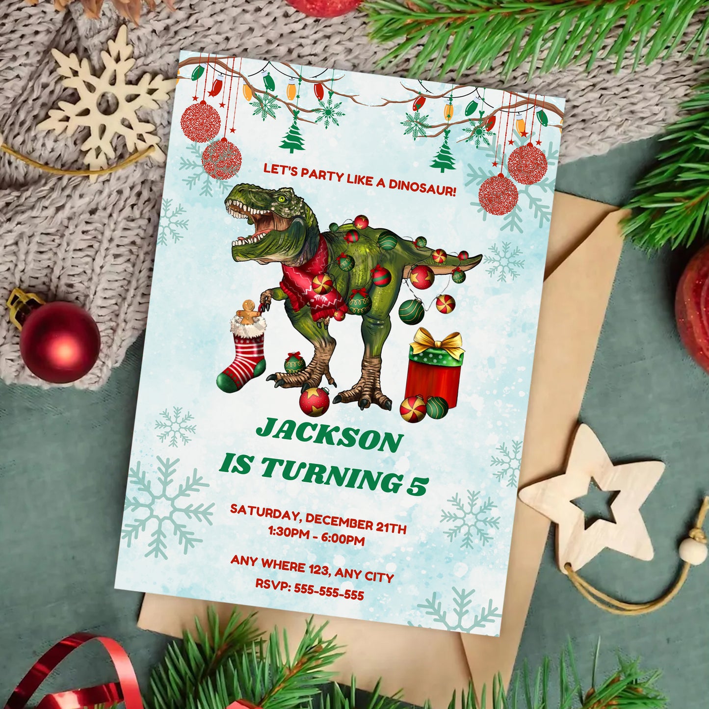 Christmas Dinosaur Birthday Invitation Template