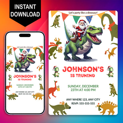 Christmas Dinosaur Santa Birthday Invitation Template - CreativeRino