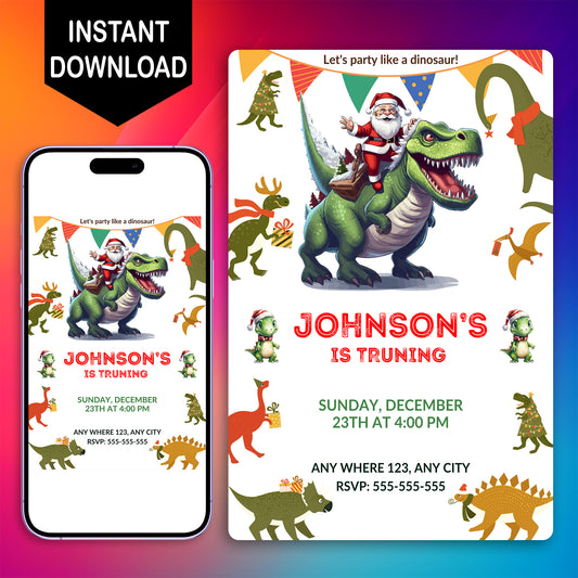 Christmas Dinosaur Santa Birthday Invitation Template