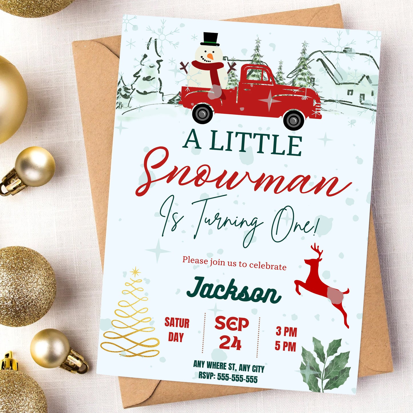 Little Snowman Birthday Invitation Template | Snowman Truck Birthday Invite