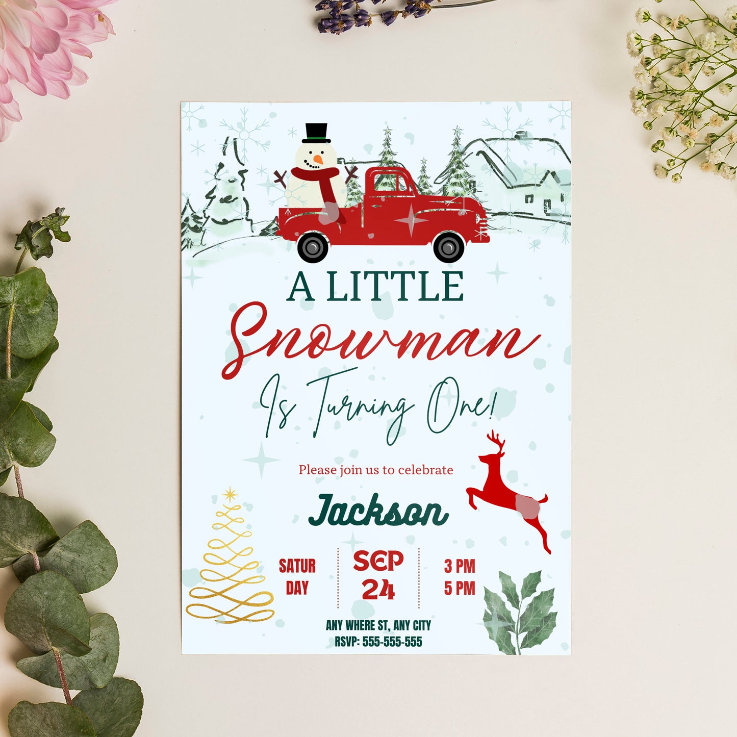 Little Snowman Birthday Invitation Template | Snowman Truck Birthday Invite