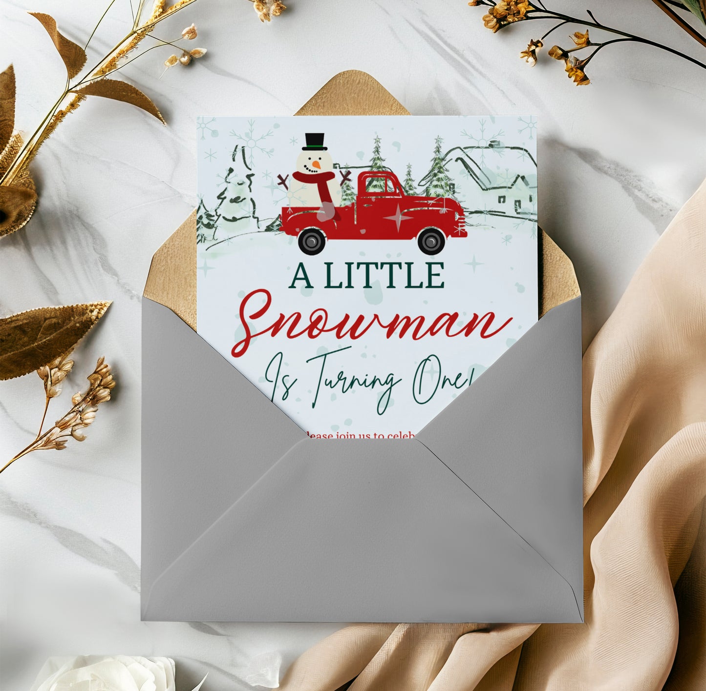 Little Snowman Birthday Invitation Template | Snowman Truck Birthday Invite