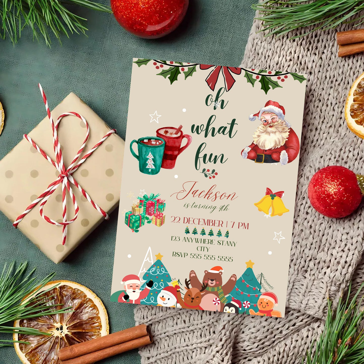 Oh What Fun Christmas Birthday Invitation Template | Christmas Birthday Party Invite