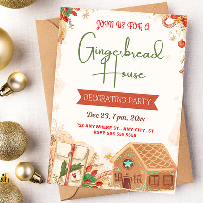 Gingerbread House Birthday Party Invitation Template | Christmas Cookie Party Invite - CreativeRino