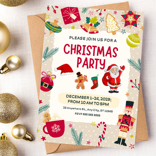 Santa Claus Christmas Party Invitation Template | Christmas Holiday Party Invite