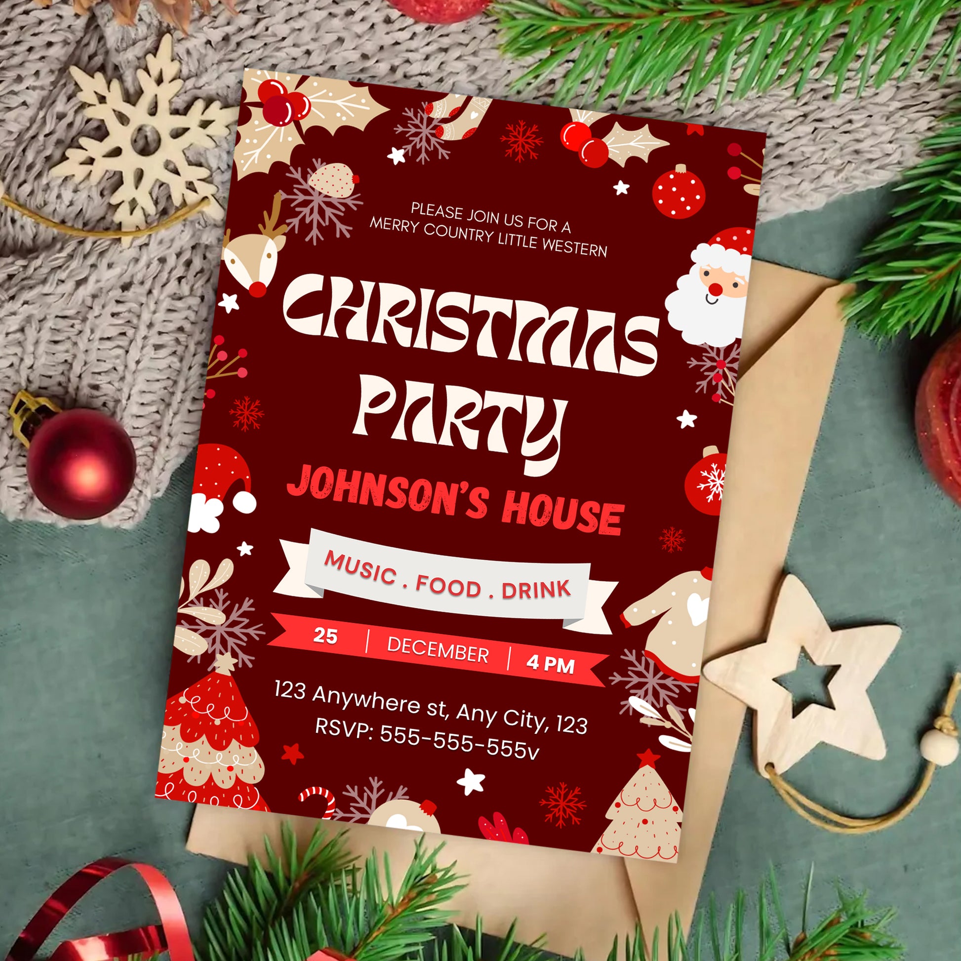 Red Christmas Party Invitation Template - CreativeRino