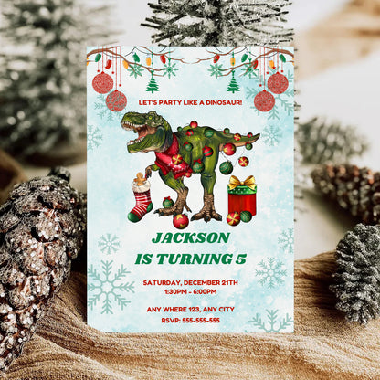 Christmas Dinosaur Birthday Invitation Template - CreativeRino