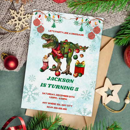Christmas Dinosaur Birthday Invitation Template - CreativeRino