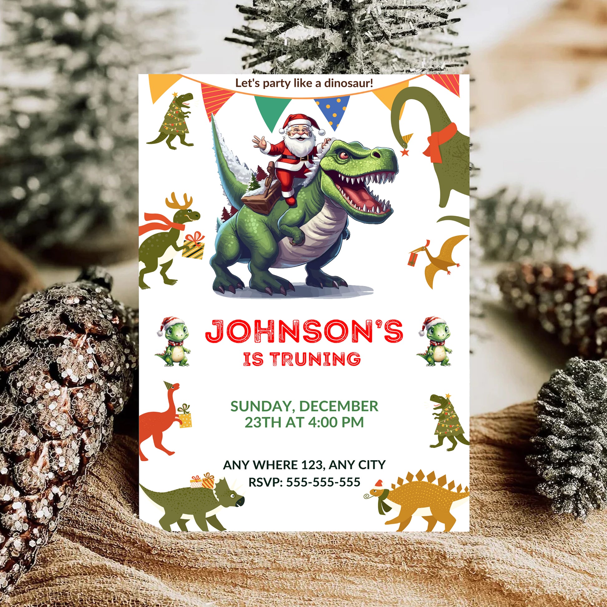 Christmas Dinosaur Santa Birthday Invitation Template - CreativeRino