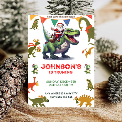 Christmas Dinosaur Santa Birthday Invitation Template - CreativeRino