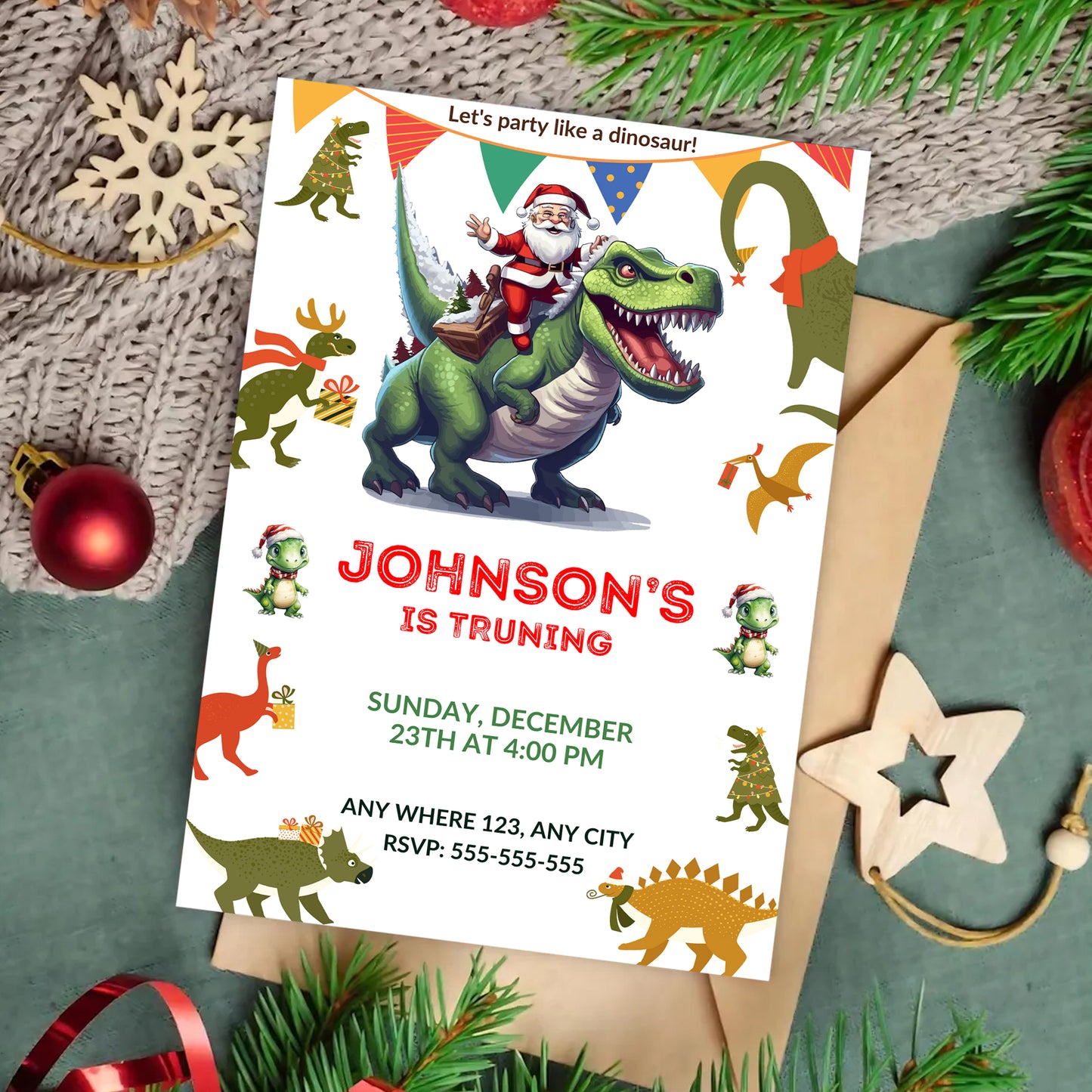 Christmas Dinosaur Santa Birthday Invitation Template - CreativeRino