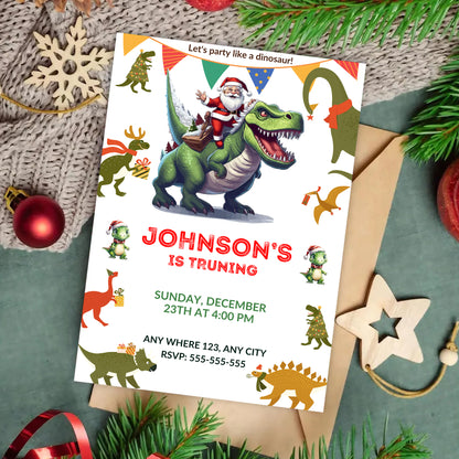 Christmas Dinosaur Santa Birthday Invitation Template - CreativeRino