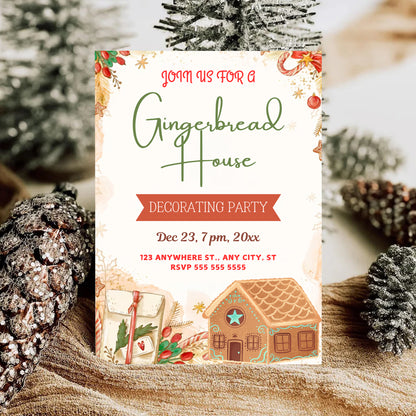 Gingerbread House Birthday Party Invitation Template | Christmas Cookie Party Invite - CreativeRino