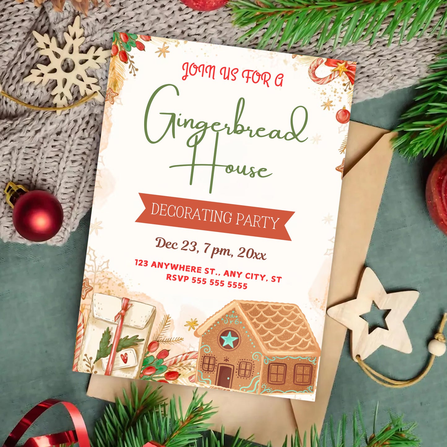 Gingerbread House Birthday Party Invitation Template | Christmas Cookie Party Invite - CreativeRino