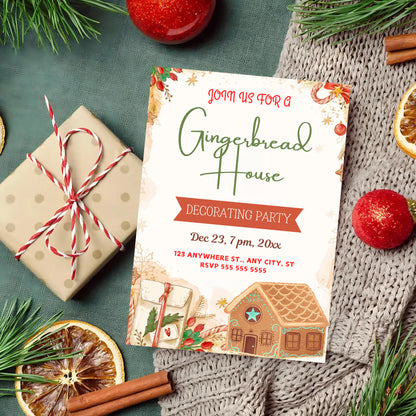 Gingerbread House Birthday Party Invitation Template | Christmas Cookie Party Invite - CreativeRino