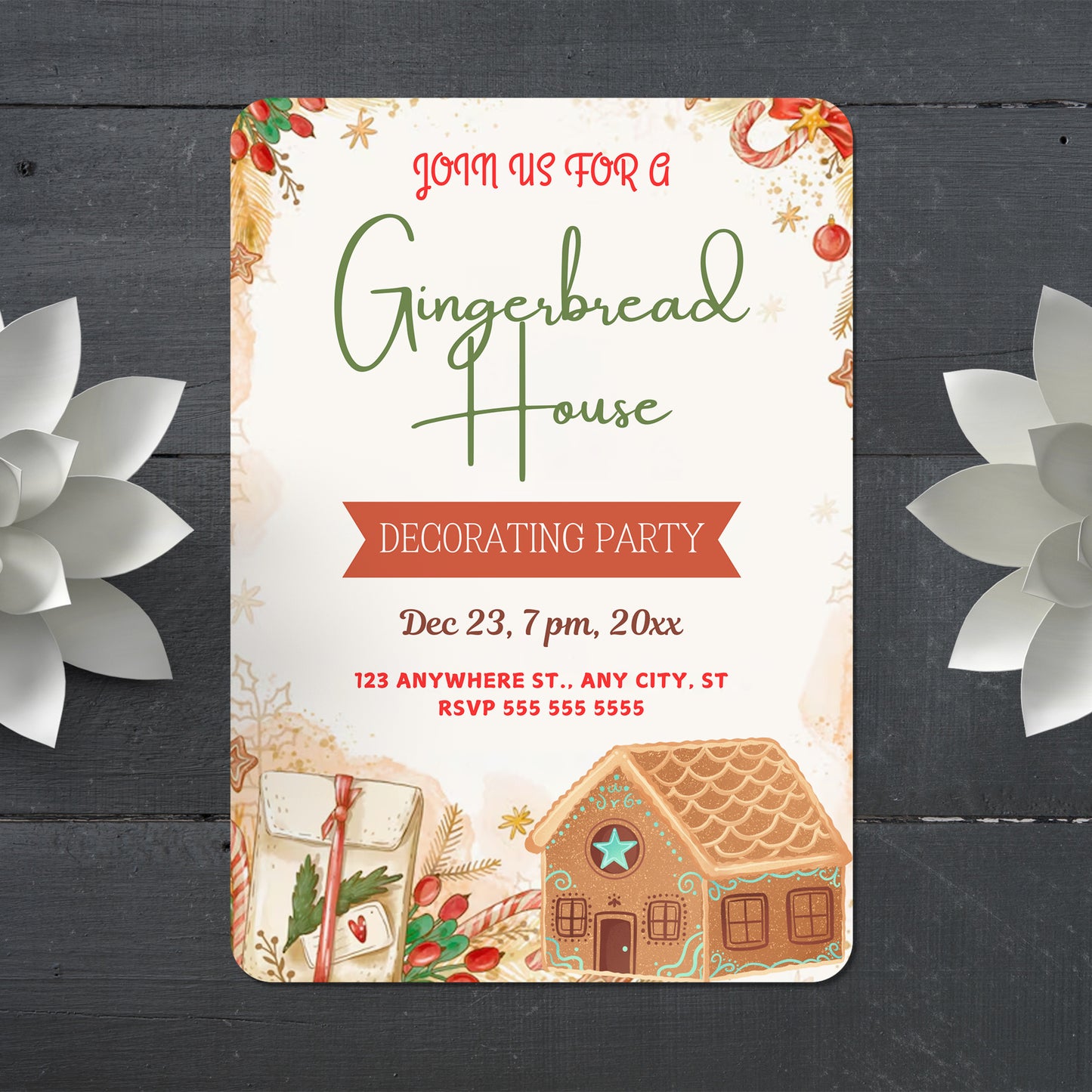 Gingerbread House Birthday Party Invitation Template | Christmas Cookie Party Invite - CreativeRino