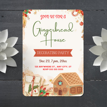 Gingerbread House Birthday Party Invitation Template | Christmas Cookie Party Invite - CreativeRino