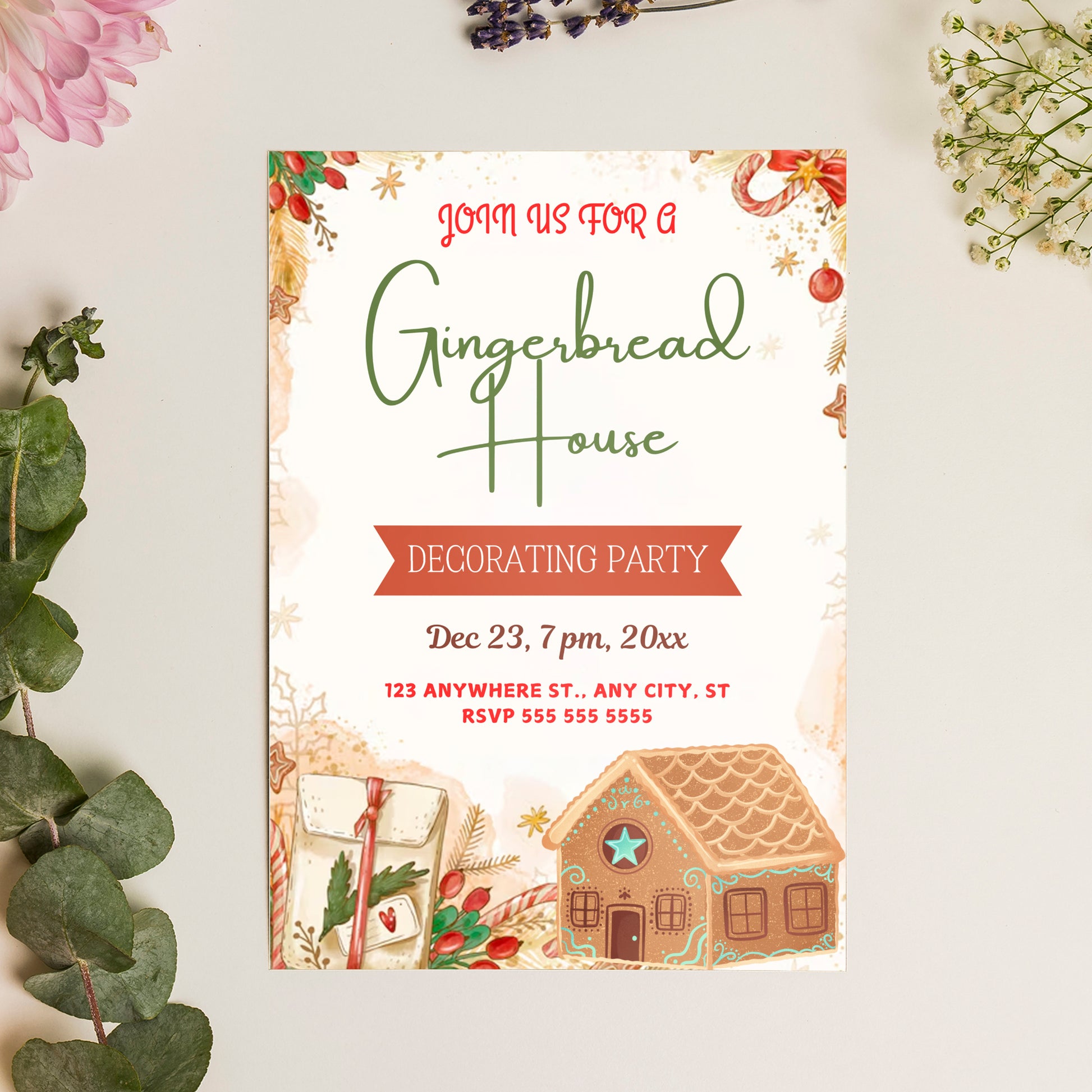 Gingerbread House Birthday Party Invitation Template | Christmas Cookie Party Invite - CreativeRino