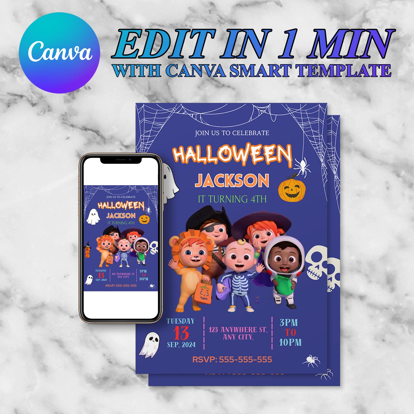 Cocomelon Halloween Birthday Invitation Template