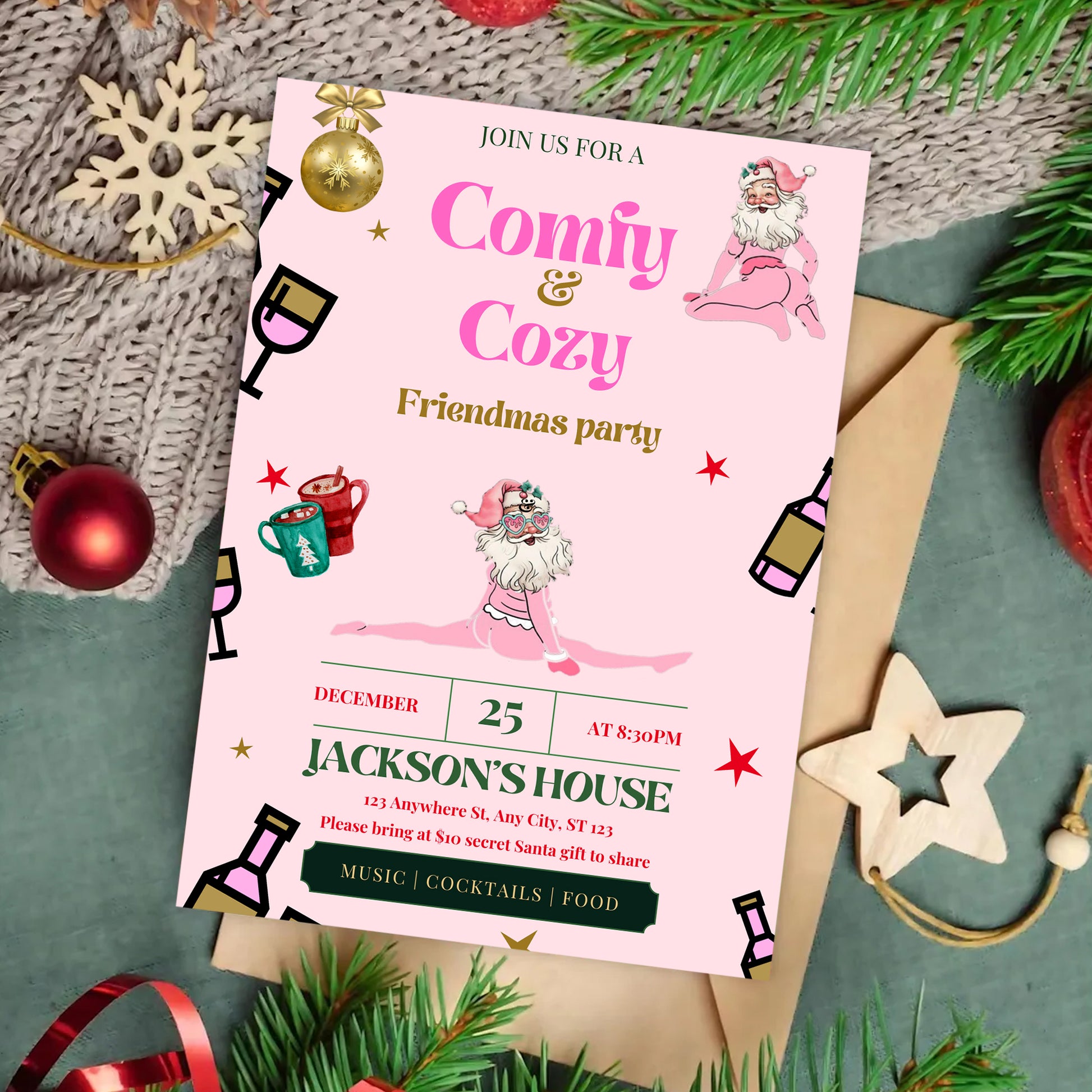 Comfy and Cozy Christmas Party Invitation Template | Friendsmas Funny Santa Invitation - CreativeRino