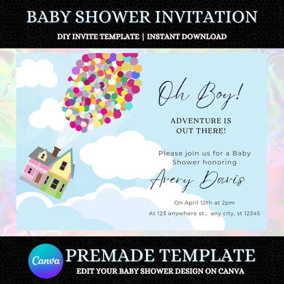 UP Baby Shower Invitation Template | Flying House and Balloons Invite - CreativeRino