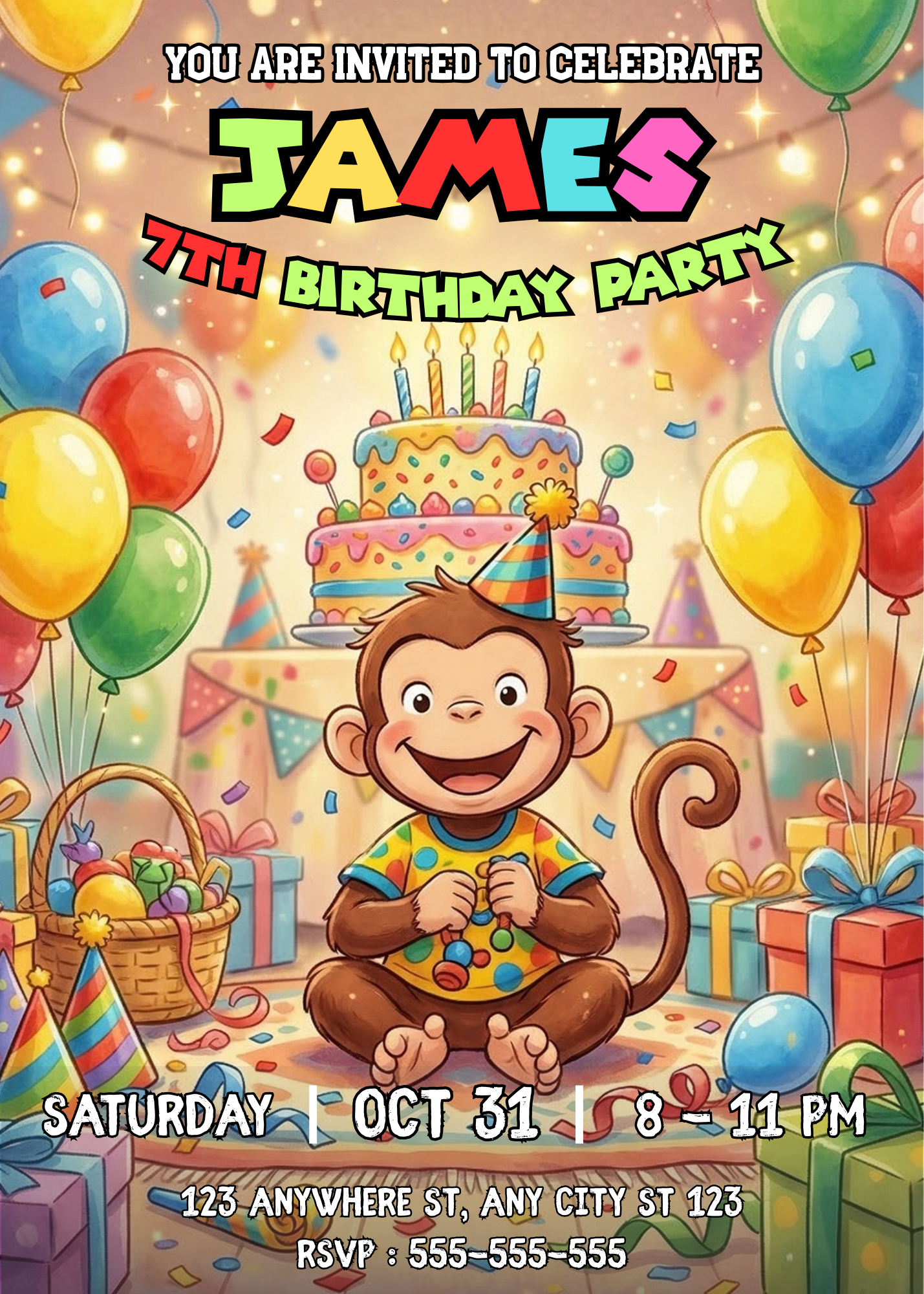 Curious George Birthday Invitation Template | Editable Monkey Party Invite CreativeRino