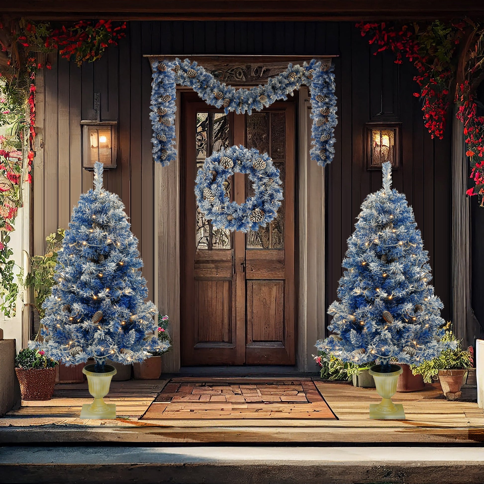 Deluxe 4-Piece Pre-Lit LED Christmas Decoration Set | 2 Entrance Trees & Flower Garlands eprolo