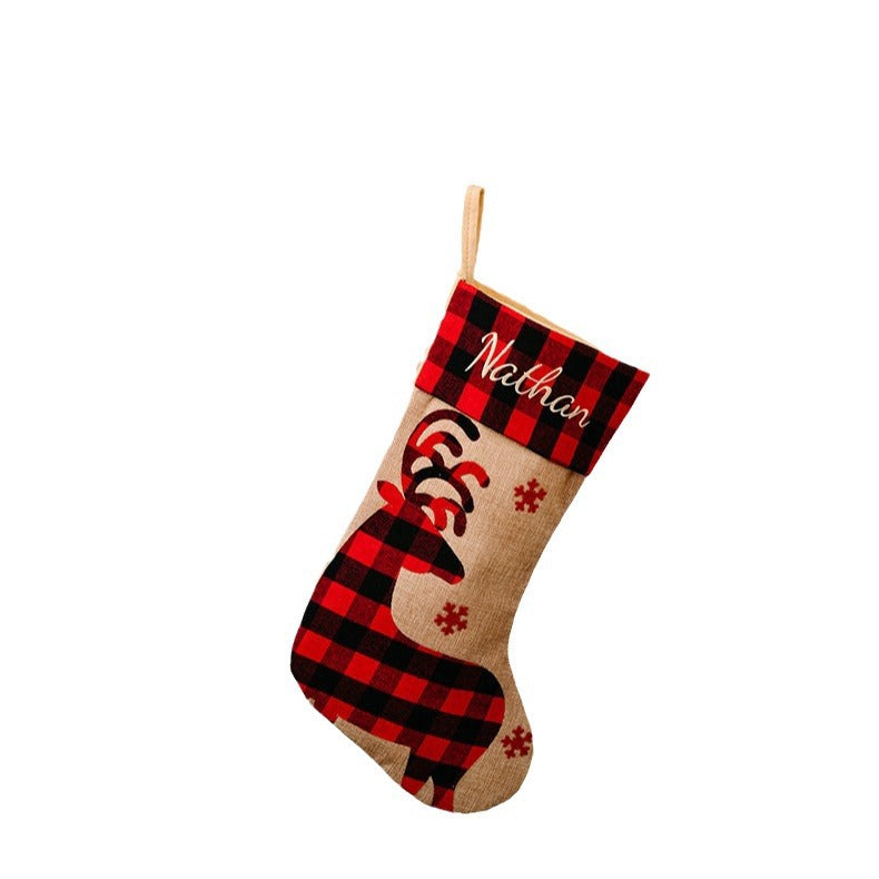 Rustic Buffalo Plaid Christmas Stocking | Red & Black Checkered Imitation Linen Embroidered Gift Bag eprolo
