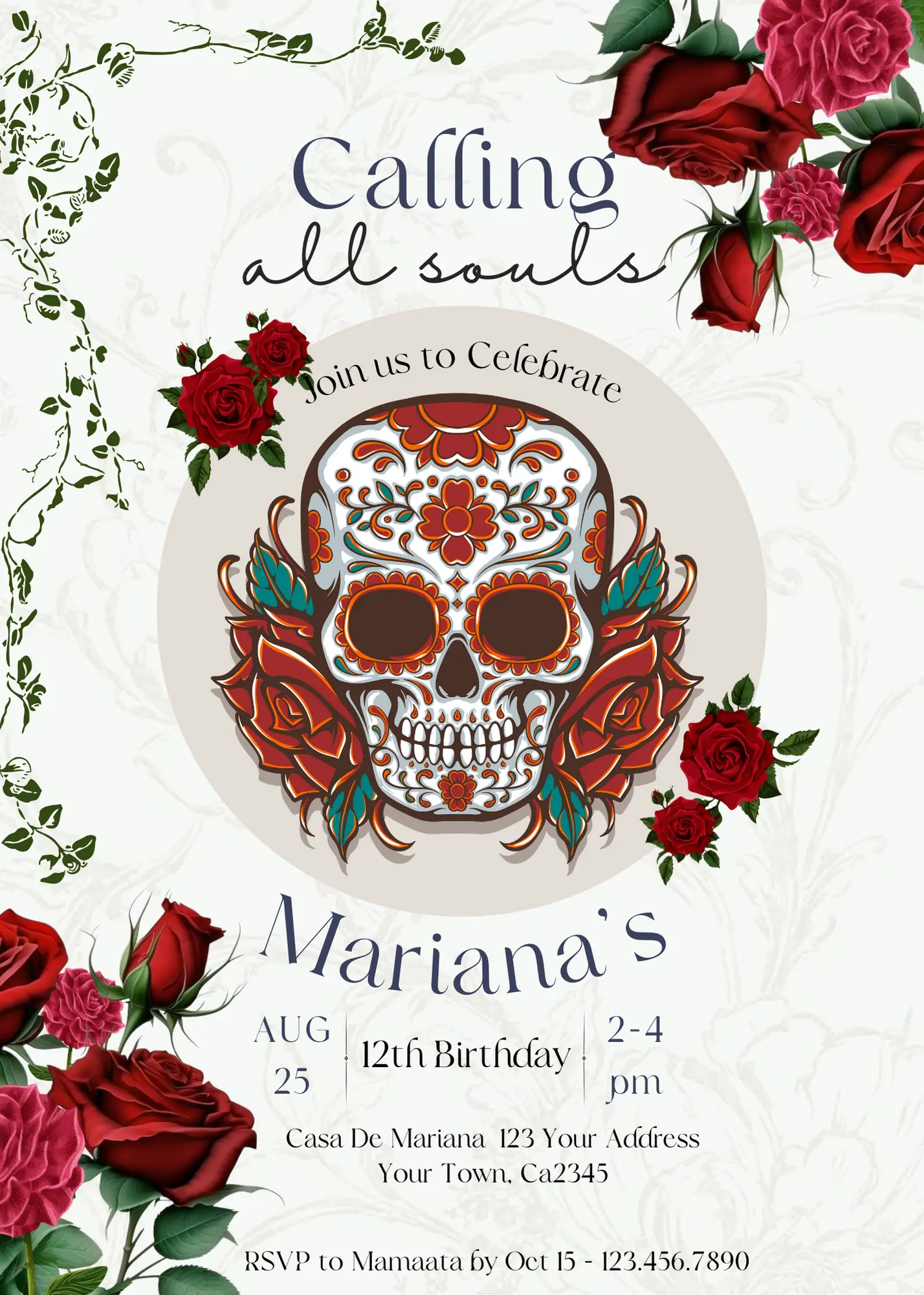 Day of the Dead Birthday Invitation Template | Calling all Souls Sugar Skull Invite - CreativeRino