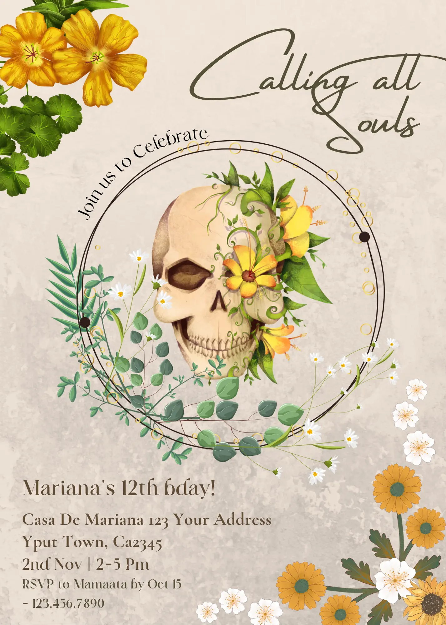 Day of the Dead Birthday Invitation Template | Calling all Souls Sugar Skull Invite - CreativeRino
