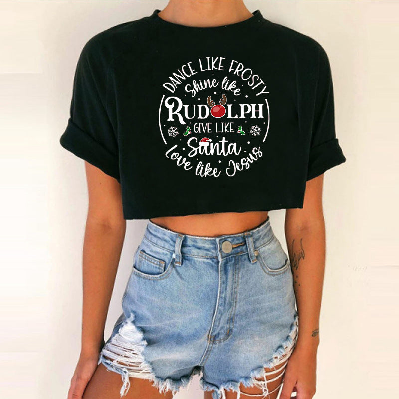 Spicy Girl Christmas Crop Top T-Shirt | INS Style Short Sleeve Round Neck | Trendy Festive Night Out Basic eprolo