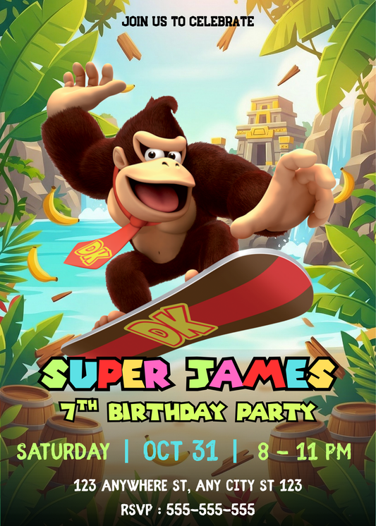 Donkey Kong Birthday Invitation Editable Canva Template | Jungle Theme Kids Party Invite CreativeRino