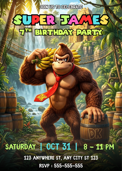 Editable Donkey Kong Invitation Template | Jungle Birthday Party Invite for Kids CreativeRino