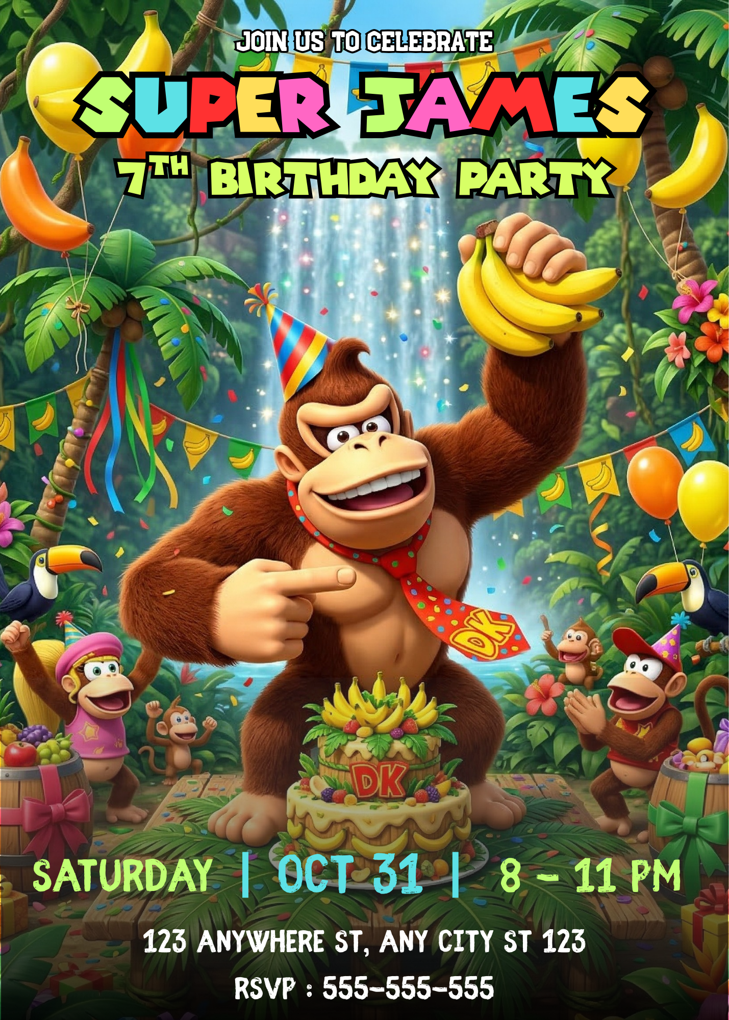 Donkey Kong Party Invitation Canva Editable | Kids Jungle Birthday Invite CreativeRino