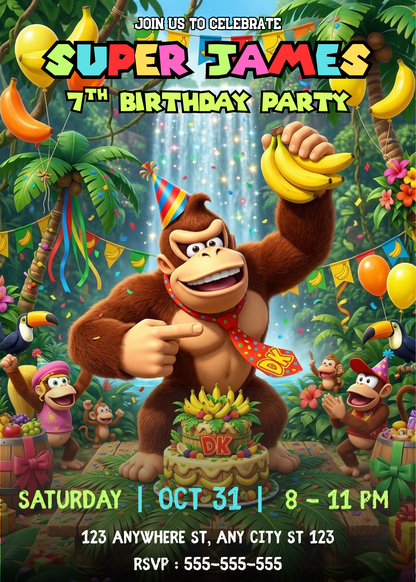 Donkey Kong Party Invitation Canva Editable | Kids Jungle Birthday Invite CreativeRino