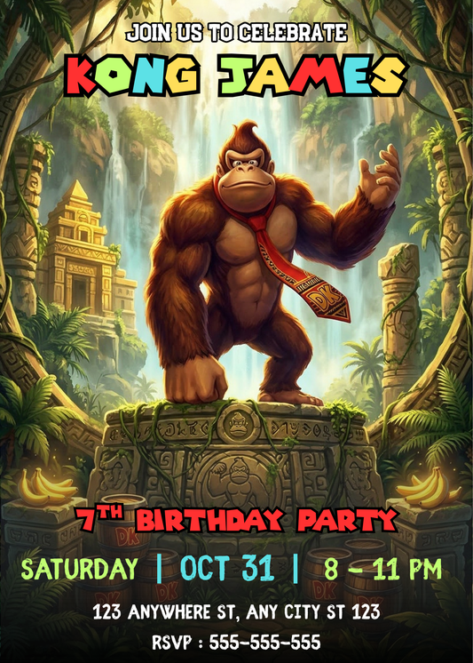Donkey Kong Birthday Invite Canva Template | Jungle Adventure Kids Party Invitation CreativeRino