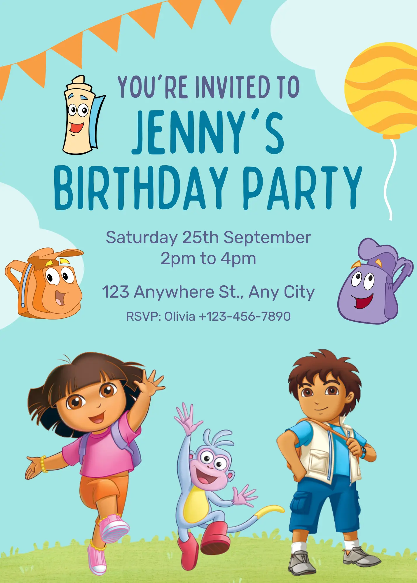 Dora and Diego Birthday Party Invitation Template - CreativeRino