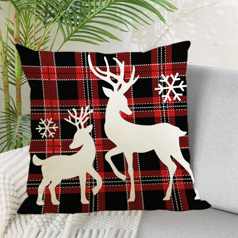 Christmas Reindeer & Snowflake Grid Pillow Cover | Printed Linen Cushion Case for Holiday Sofa Decor eprolo