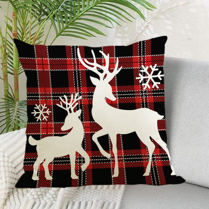 Christmas Reindeer & Snowflake Grid Pillow Cover | Printed Linen Cushion Case for Holiday Sofa Decor eprolo