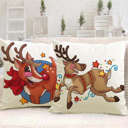 Festive Reindeer Print Linen Pillow Cover | Christmas Holiday Sofa Decoration eprolo