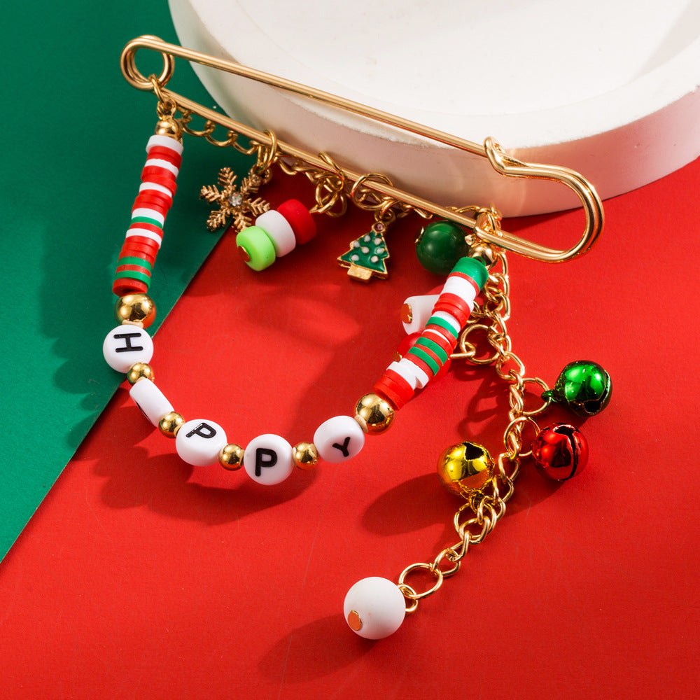 'HAPPY' Letter Christmas Fun Brooch | Alloy Bead & Jingle Bell Holiday Pin Jewelry eprolo