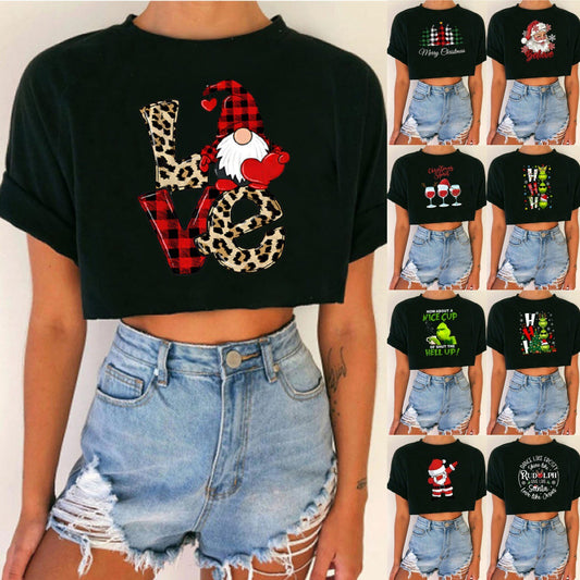Spicy Girl Christmas Crop Top T-Shirt | INS Style Short Sleeve Round Neck | Trendy Festive Night Out Basic eprolo