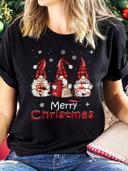Women's Christmas Gnome Pattern Short Sleeve T-Shirt | Classic Black, Red, White Casual Crewneck Top | Holiday Graphic Tee eprolo
