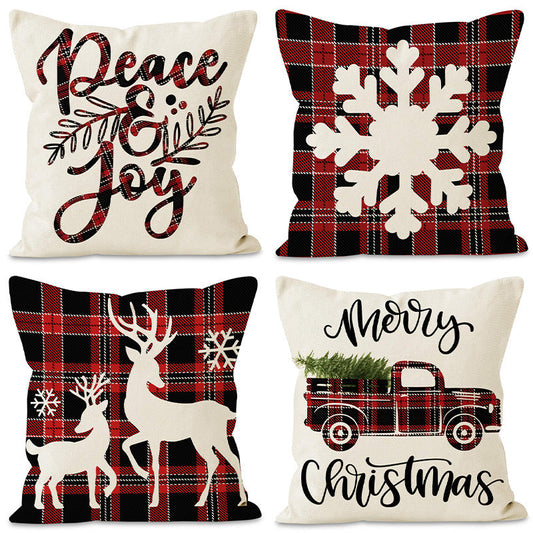Christmas Reindeer & Snowflake Grid Pillow Cover | Printed Linen Cushion Case for Holiday Sofa Decor eprolo