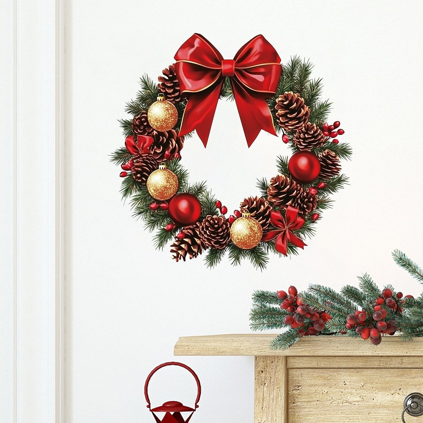 Removable Christmas Wall Stickers | Festive Red Bow, Pinecone & Bauble Decoration Decals eprolo