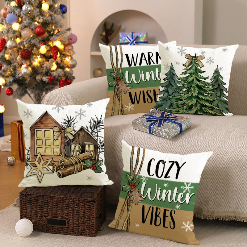 Green Christmas Tree & Snowflake Linen Pillow Cover | Festive Letter Printed Cushion Case for Holiday Decor eprolo
