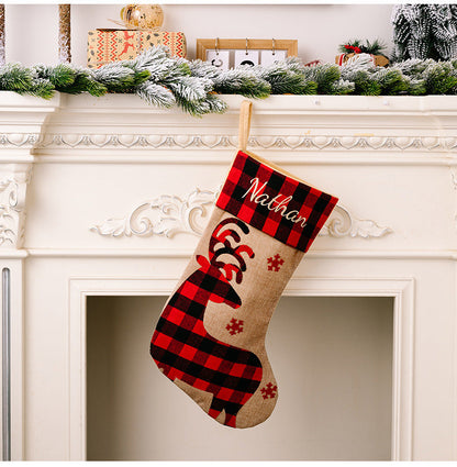 Rustic Buffalo Plaid Christmas Stocking | Red & Black Checkered Imitation Linen Embroidered Gift Bag eprolo