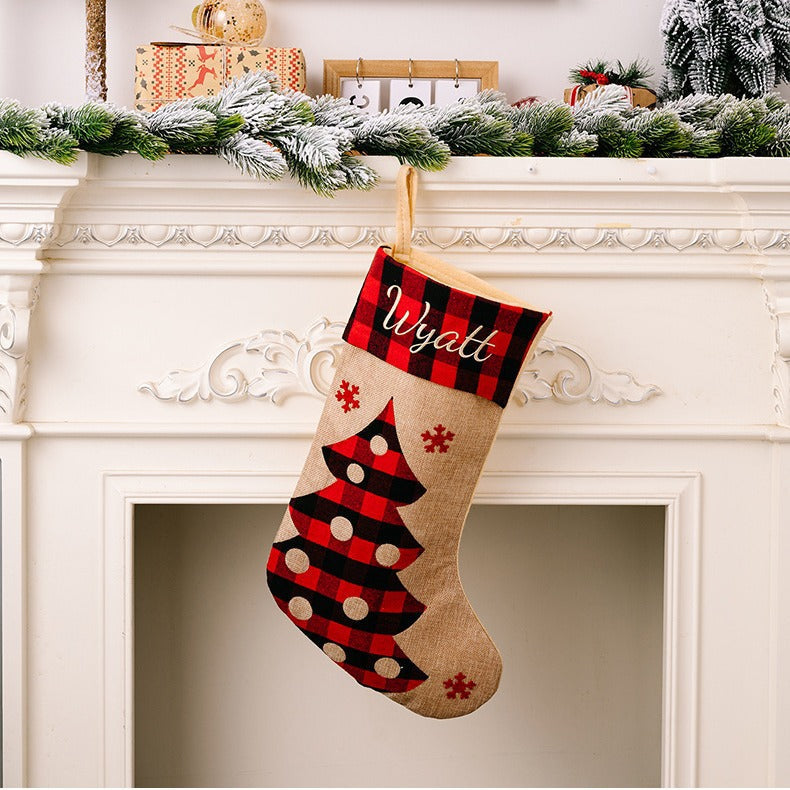 Rustic Buffalo Plaid Christmas Stocking | Red & Black Checkered Imitation Linen Embroidered Gift Bag eprolo