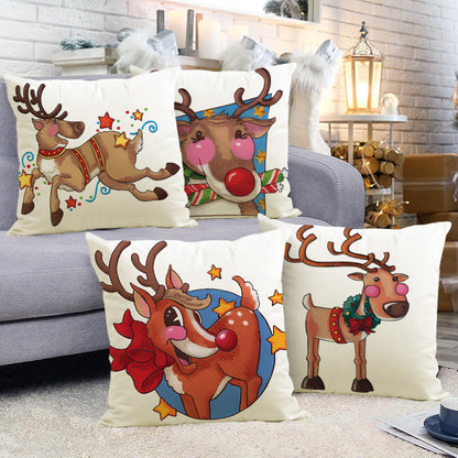 Festive Reindeer Print Linen Pillow Cover | Christmas Holiday Sofa Decoration eprolo